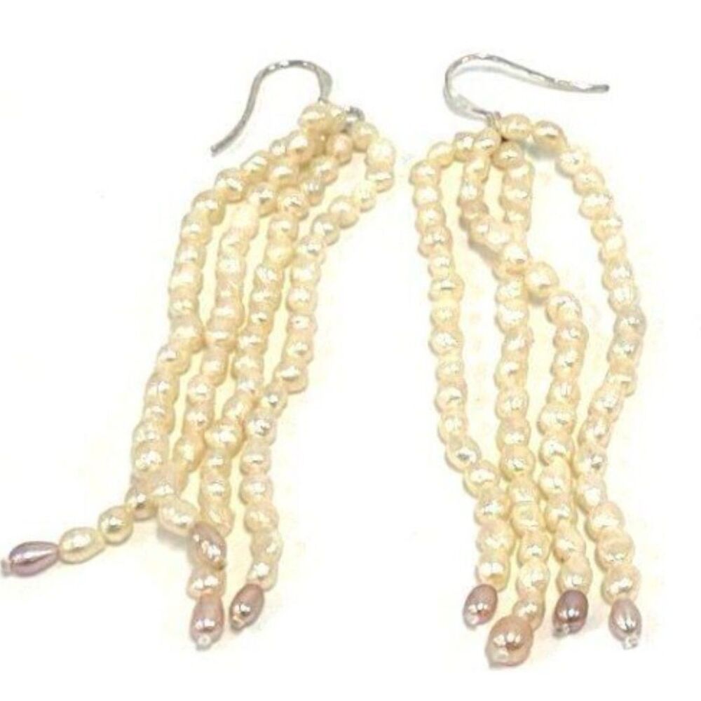 Sterling Silver and Freshwater Pearl Multi Strand Dangle Earrings - 3.5"